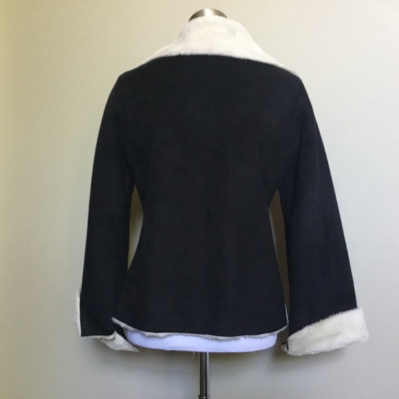 Vintage WHBM black faux suede & cream Sherpa fur toggle coat jacket S - Picture 3 of 7